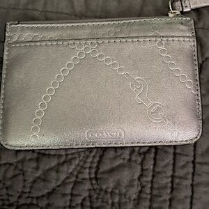 Coach genuine leather in silver with lavender satin lining card holder
